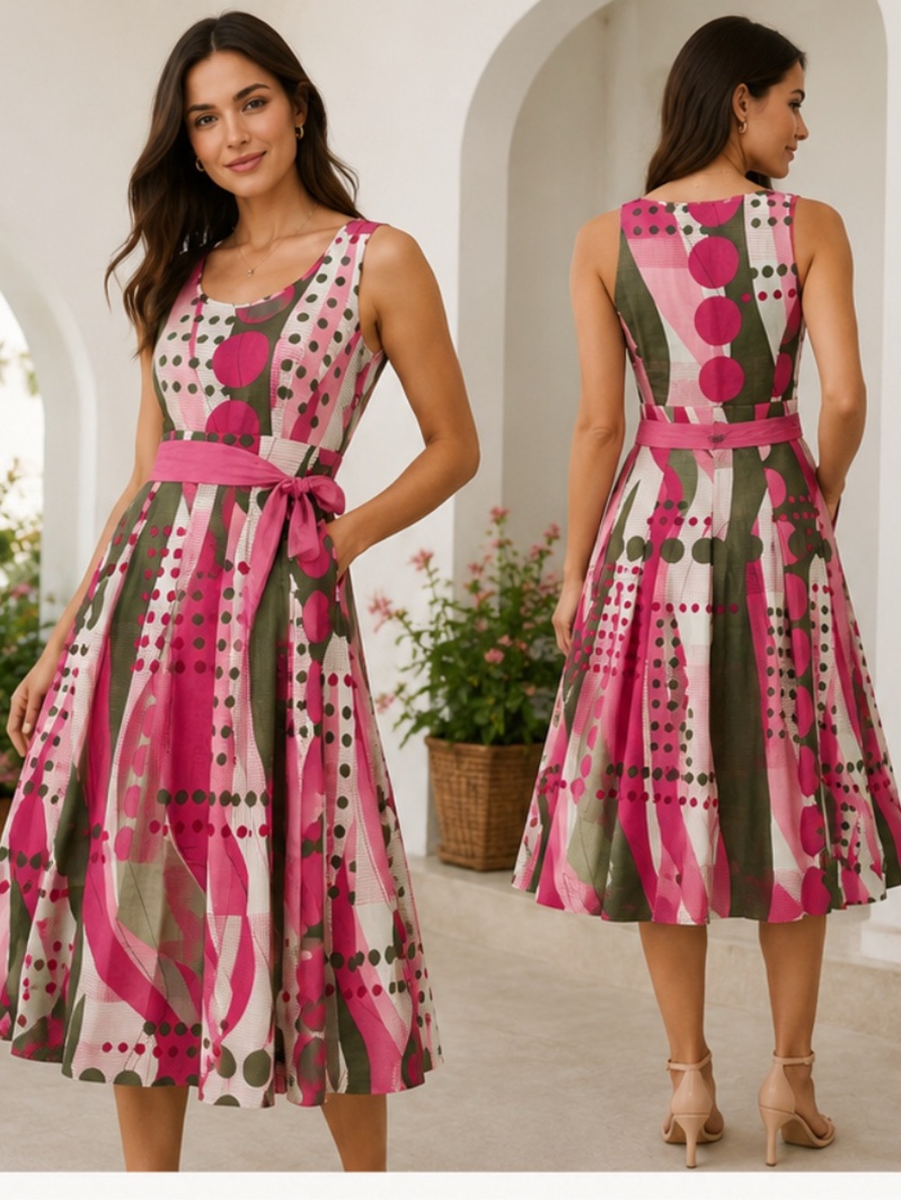 Phase Eight Pink Abstract Polka Dot Cotton Fit & Flare Dress Size 8